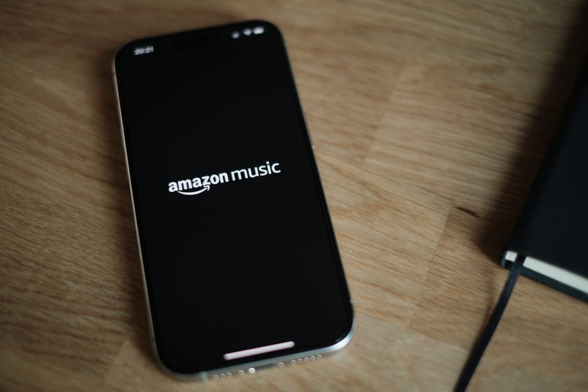 Amazon Music A close up of a cell phone on a table