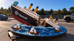 Visitors to OpenAI’s DevDay are greeted by a Titanic sculpture of the company’s leaders and investors escaping a sinking ship