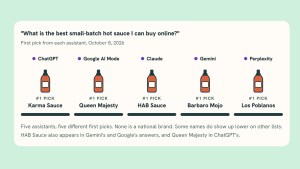Five AI assistants each name a different small brand as the top small-batch hot sauce in a 20-question test, per RunOctopus